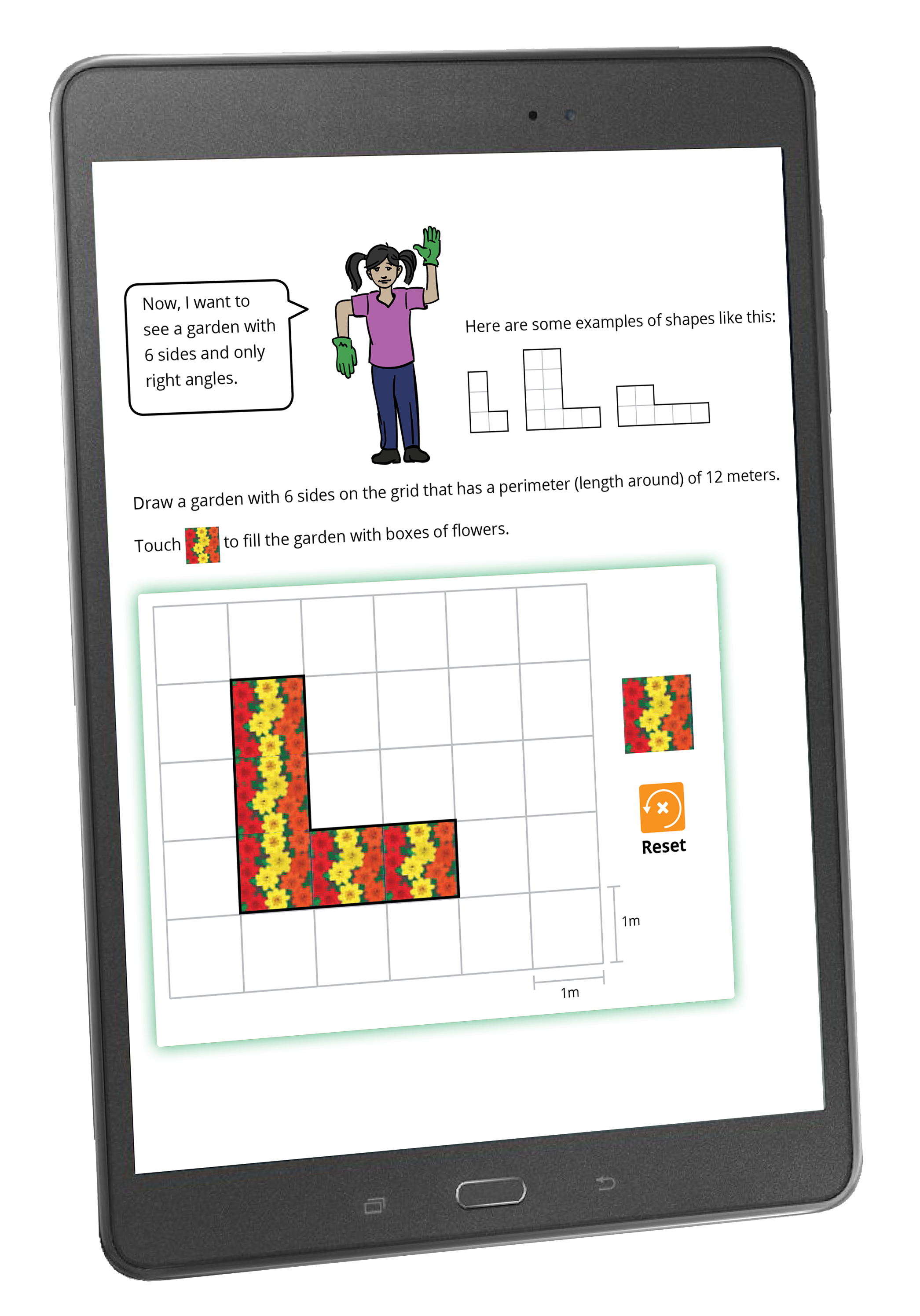 Electronic tablet with testing question about planting a garden